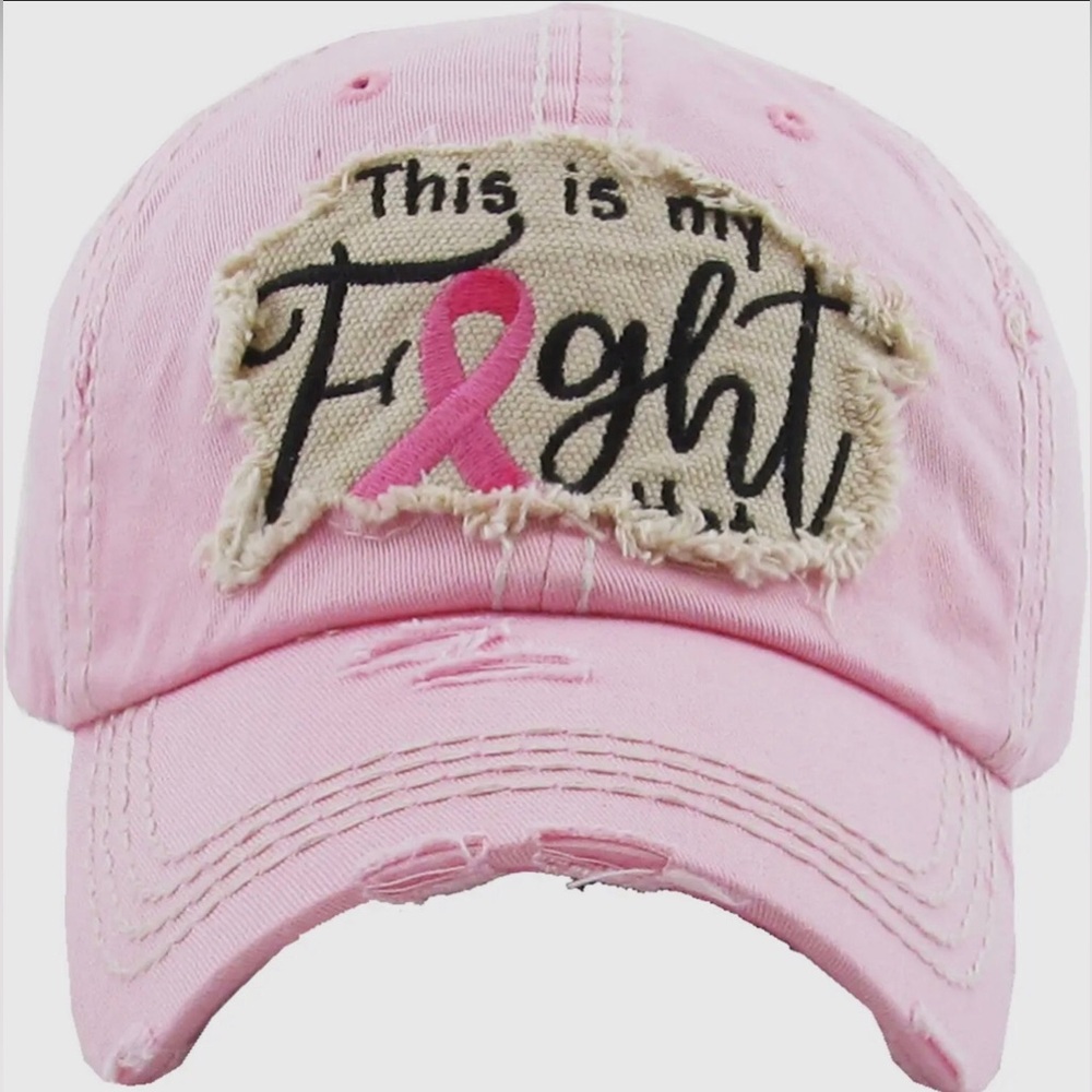 Pink Distressed Cancer Baseball Cap with a Pink Ribbon
